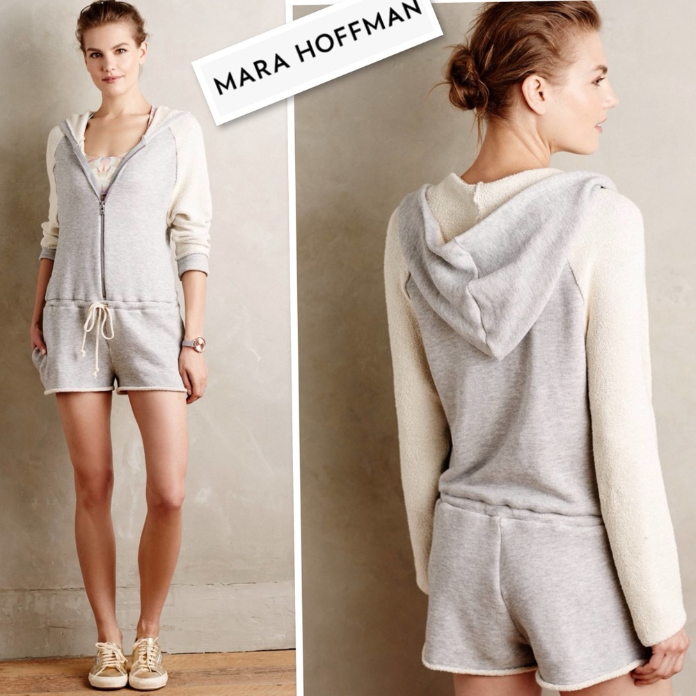 Mara Hoffman Active Terry Fleece Zip Up Hooded Romper Cover Up Shorts Gray Sz S